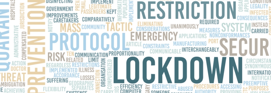 Multiple words with LOCKDOWN in big and other words representing lockdown all around it for example risk, suffering, restrictive, preemptive