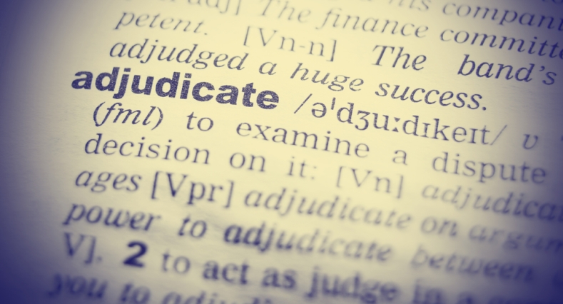 Dictionary page with the word adjudicate lit up