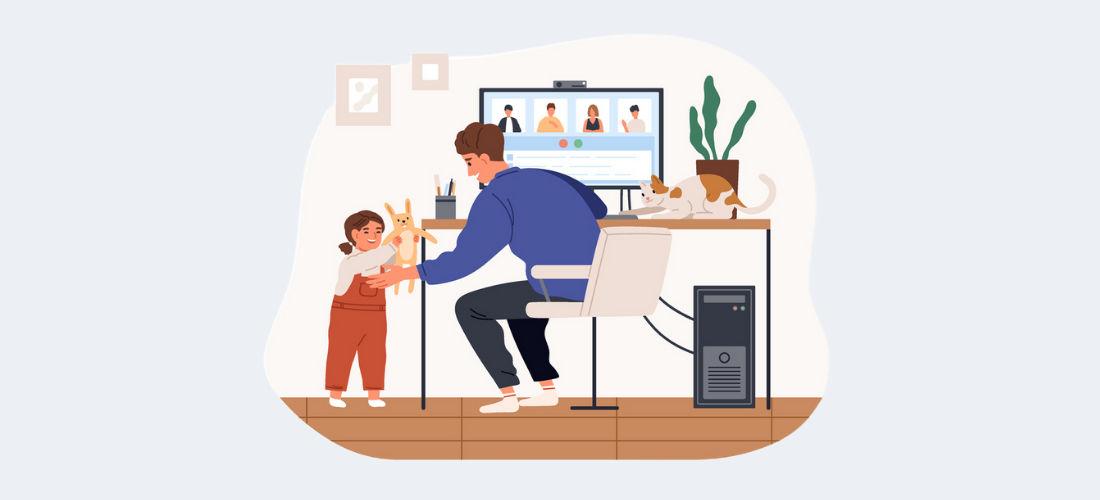 Cartoon illustration of father working from home while looking after a child