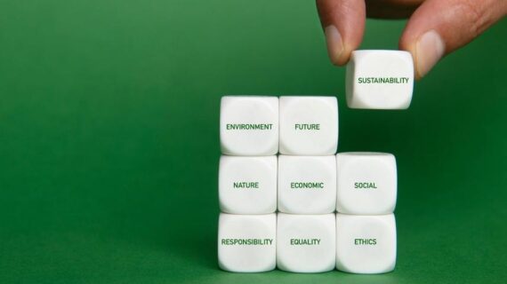 A stack of dice each reflecting a word: Environment, Future, Sustainability, Nature, Economic, Social, Responsibility, Equality, Ethics. Sustainability die is being lifted up by two fingers