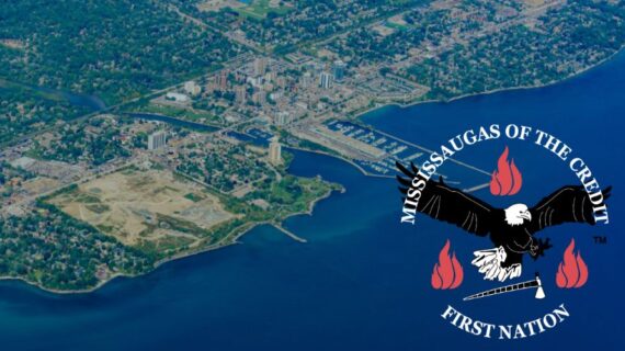 Aerial photograph of Port Credit with Mississaugas of the Credit First Nation Logo