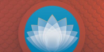 Blue lotus flower graphic on a red background