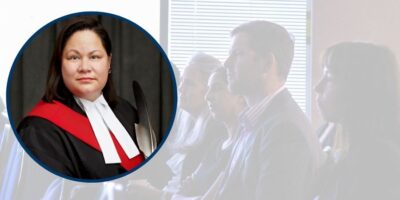 Image of Justice Waddilove in the foreground with a faded image of employees listening to a presentation in the background