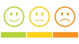 Rating emojis set in different colors outline with a rating scale.