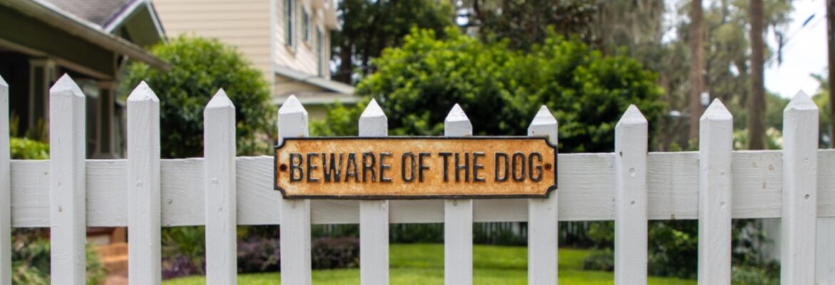 Beware of the dog sign posted on white fence outside a house yard.