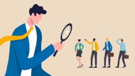 Recruitment searching for the best candidate or job. Main character using a magnifying glass to look closer as competing people.