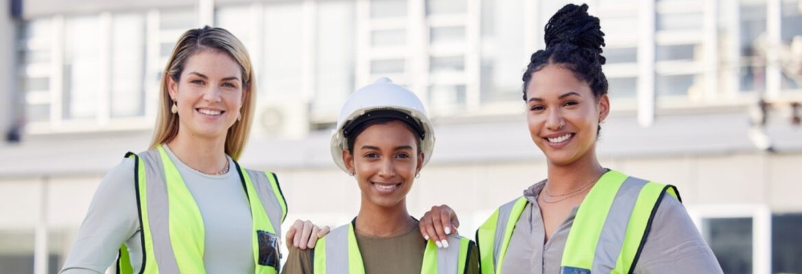 Architecture, women construction team and diversity in portrait, contractor group with smile at building site.