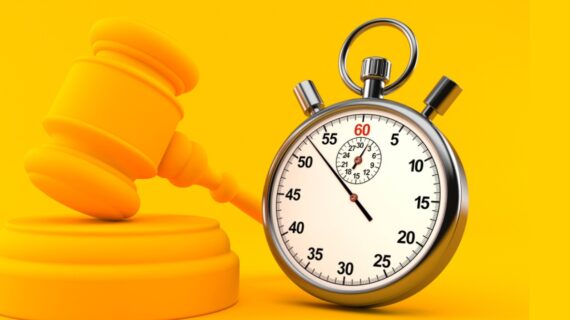 Law background with stopwatch in orange color. 3d illustration