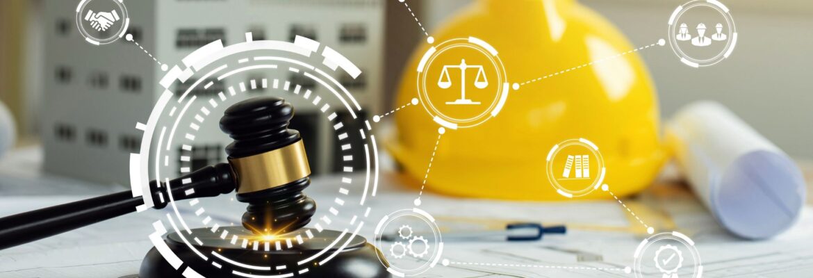 judge gavel on building blueprint plans with a yellow safety helmet and building model with law icons