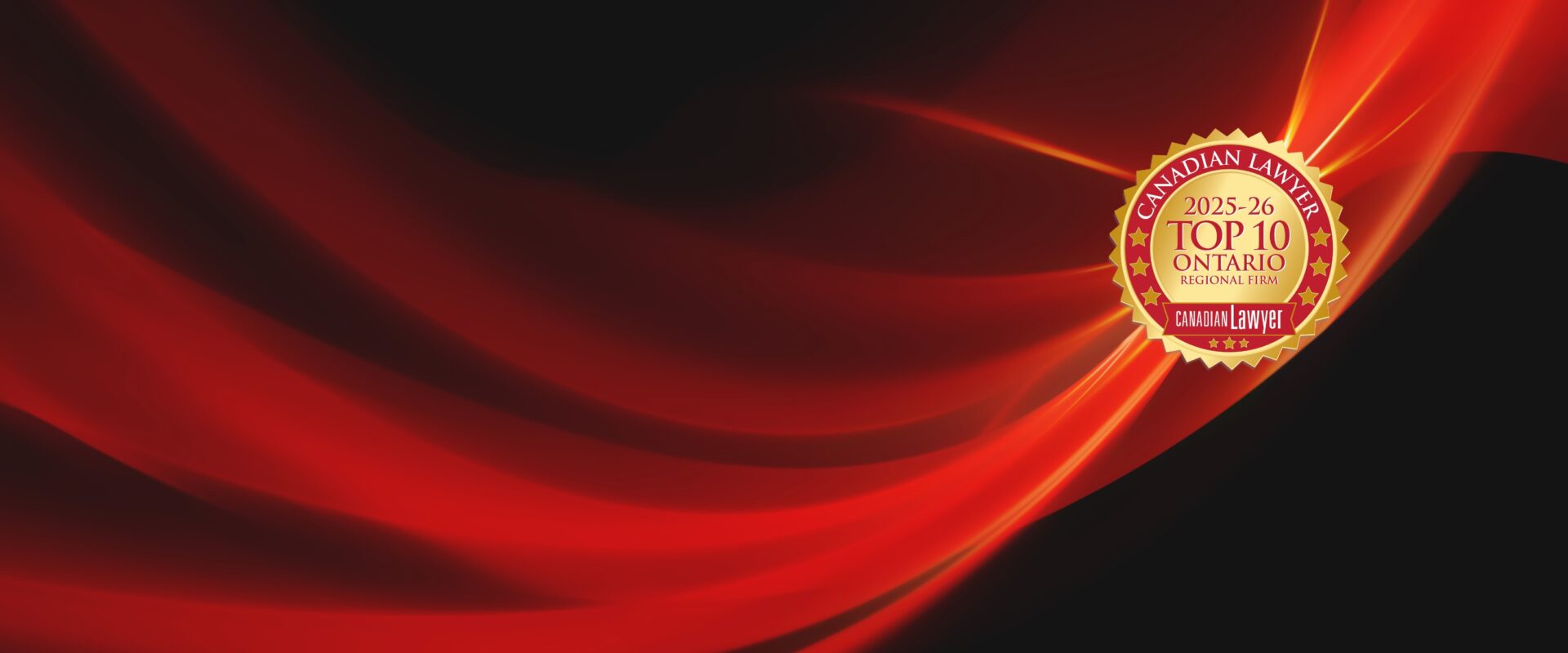 Red and black abstract background with a Canadian Lawyer badge reading "2025-26 Top 10 Ontario Regional Firm".